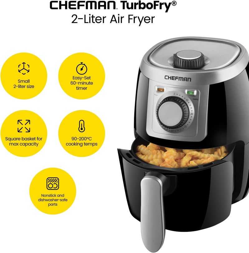 Chefman Small, Compact Air Fryer Healthy Cooking, 2 Qt, Nonstick, User Friendly and Adjustable Temperature Control w/ 60 Minute Timer & Auto Shutoff, Dishwasher Safe Basket, BPA - Free, Black - Image 2